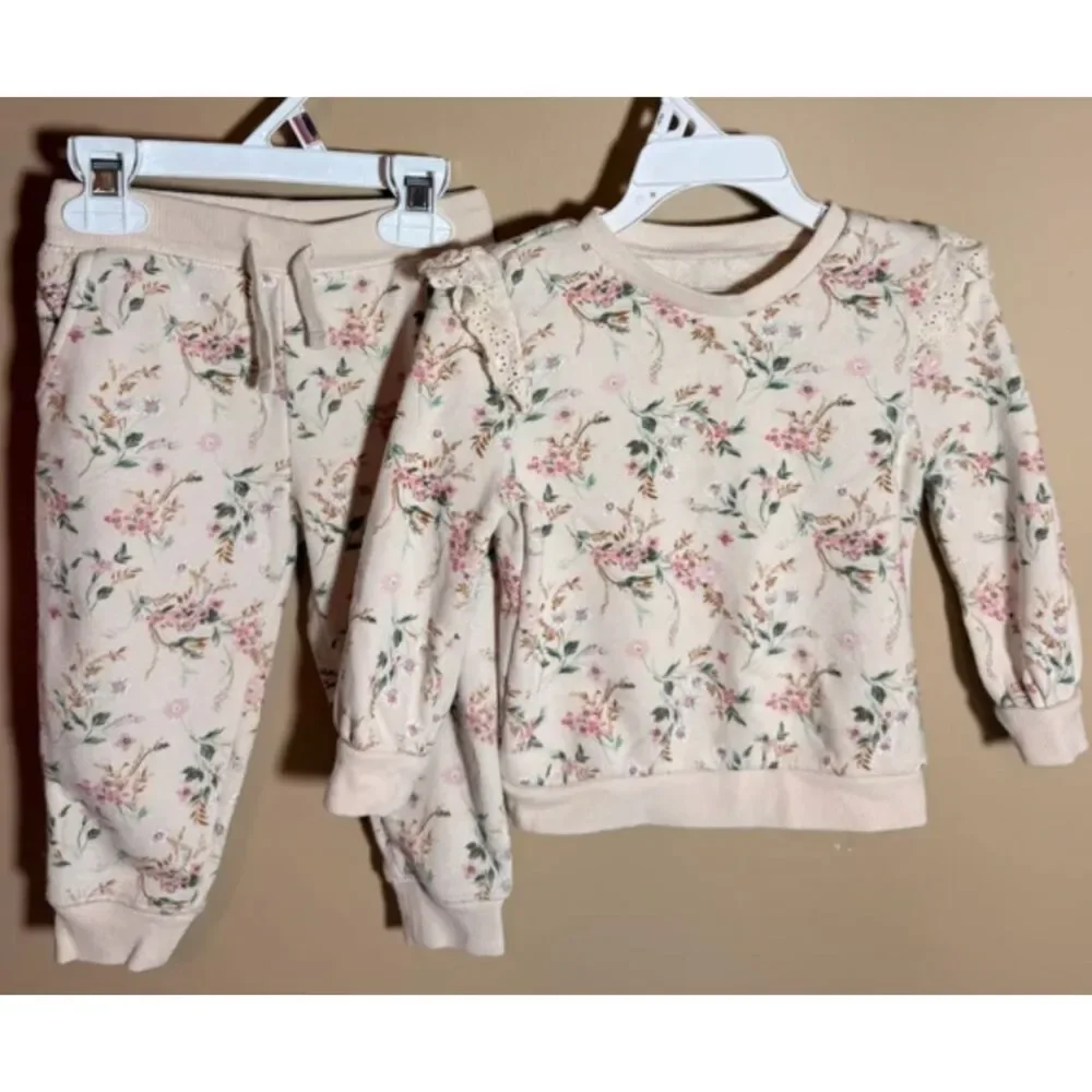 Oshkosh Beige Pink Green White Floral Sweatshirt & Sweatpants Outfit 18m 4013